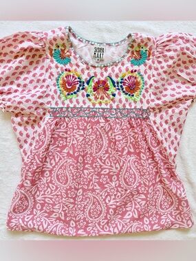 Sister Mary Pink Embroidered Puff-Sleeve Blouse